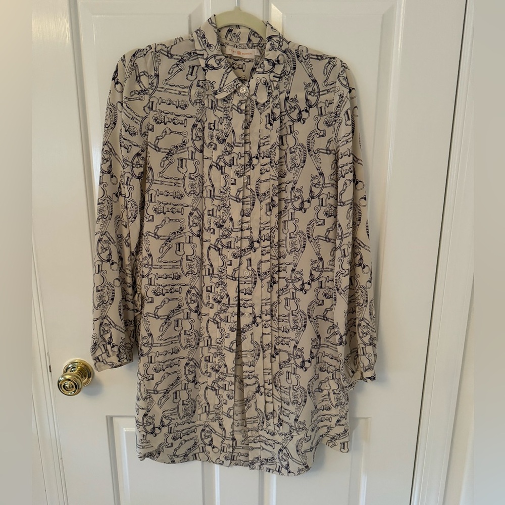 Silky Tie-Neck Long Sleeve Dress - Cream with Black Print